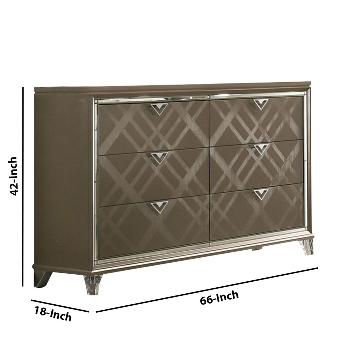 6 Drawer Wooden Dresser with Mirror Accent and Acrylic Legs, Taupe Brown