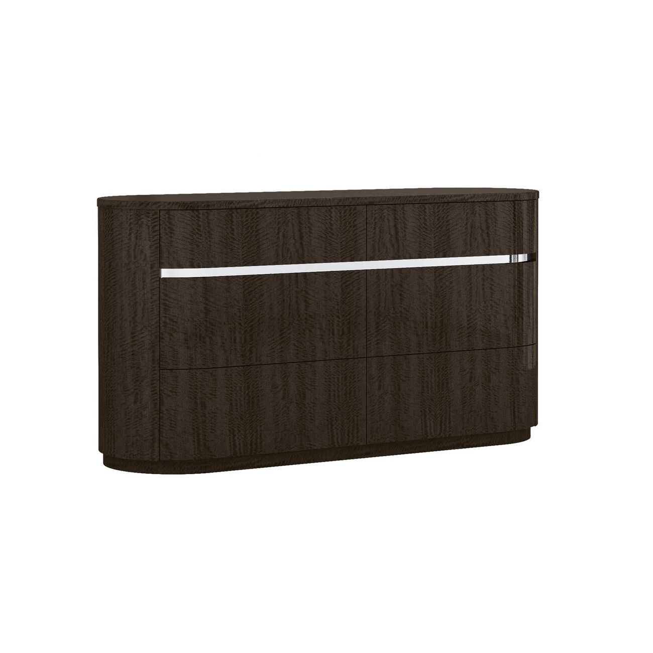 Obround Wooden Dresser with Multiple Drawers and Silver Accent, Dark Brown