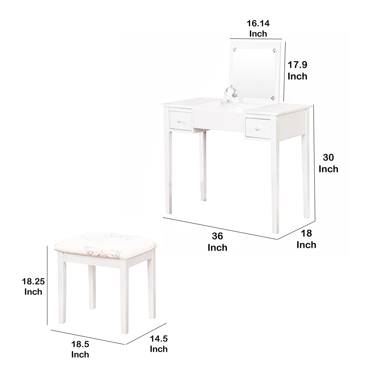 Wooden Vanity with Flip Top Mirror and Cushioned Stool,White and Beige