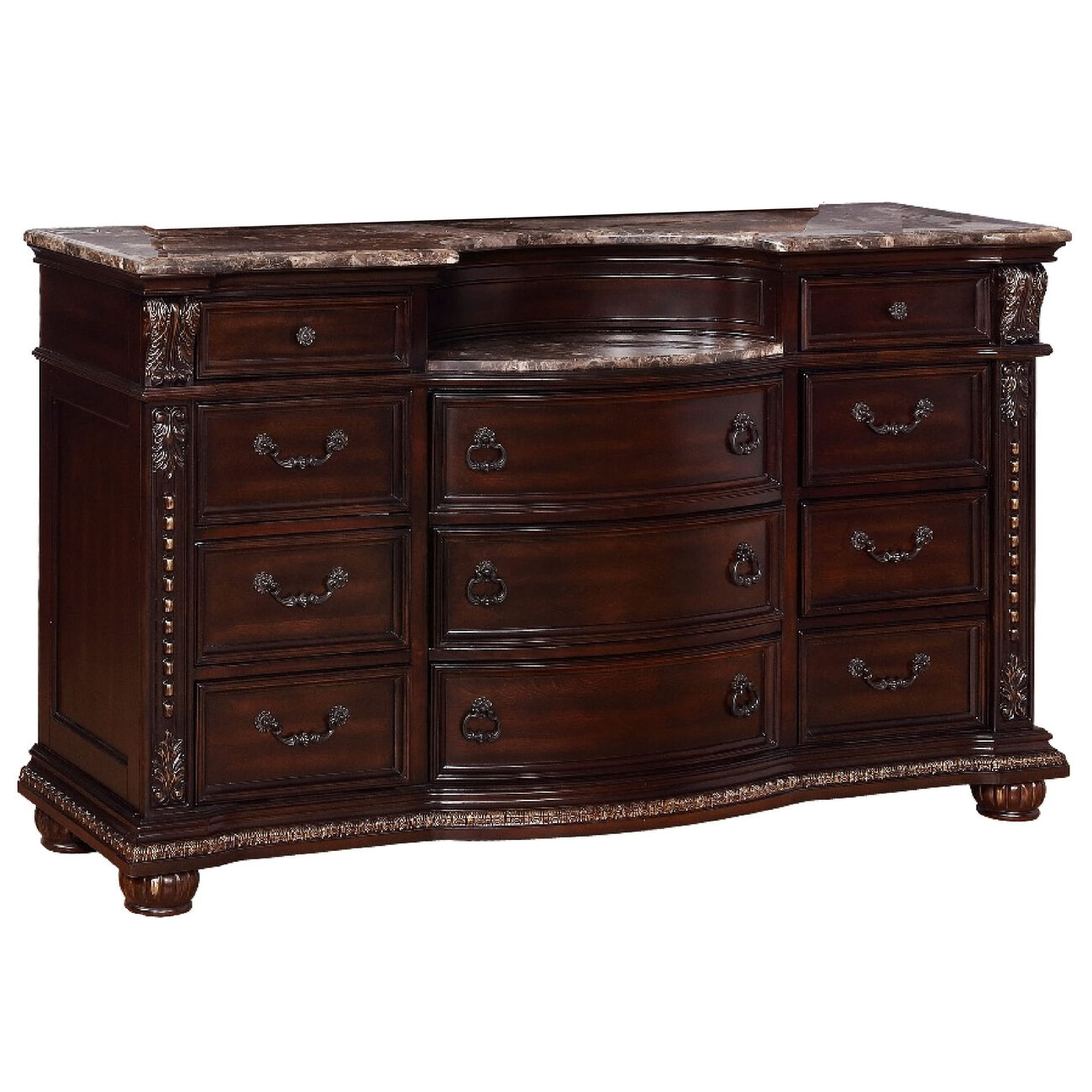 11 Drawers Wooden Dresser with Engraved Details and Bun Feet, Cherry Brown