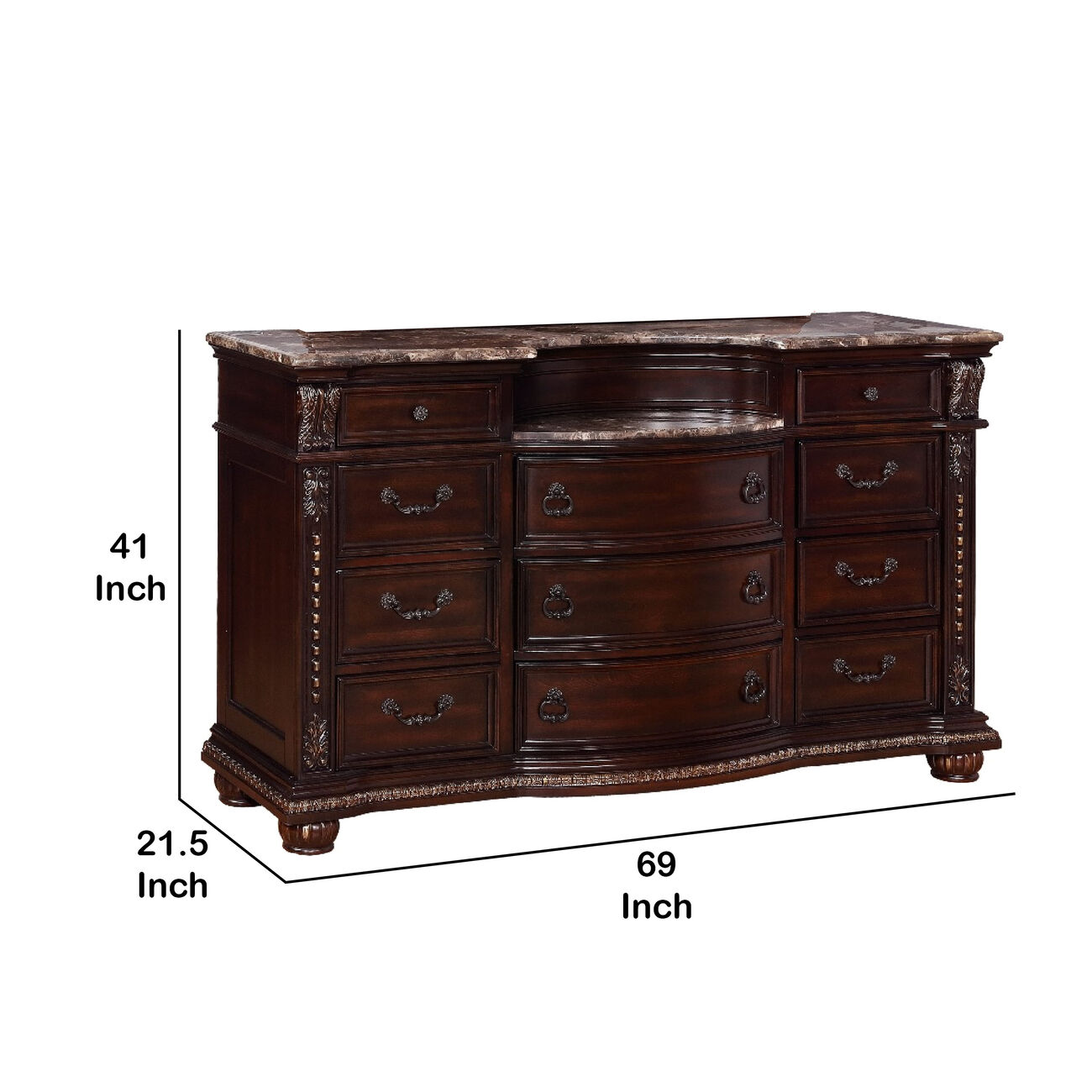 11 Drawers Wooden Dresser with Engraved Details and Bun Feet, Cherry Brown