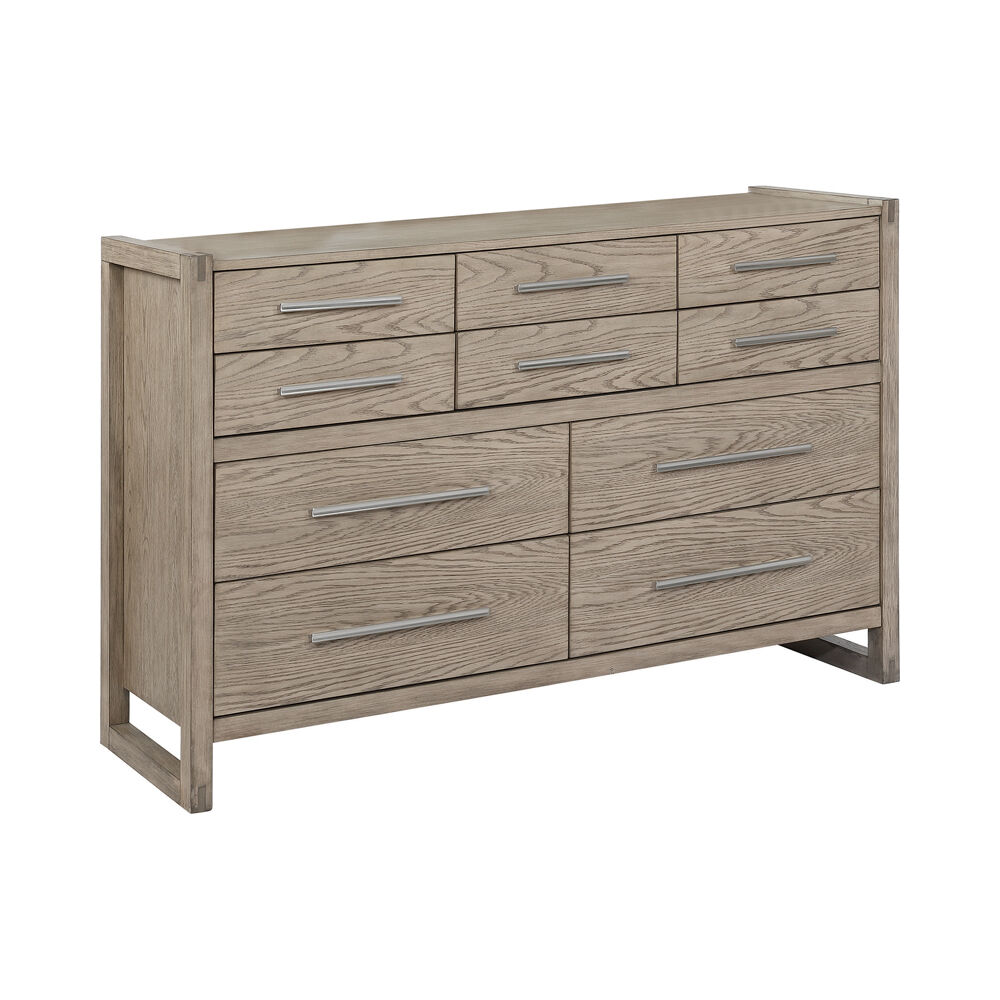 10 Drawer Dresser with Grain Details and Sled Base, Oak Brown