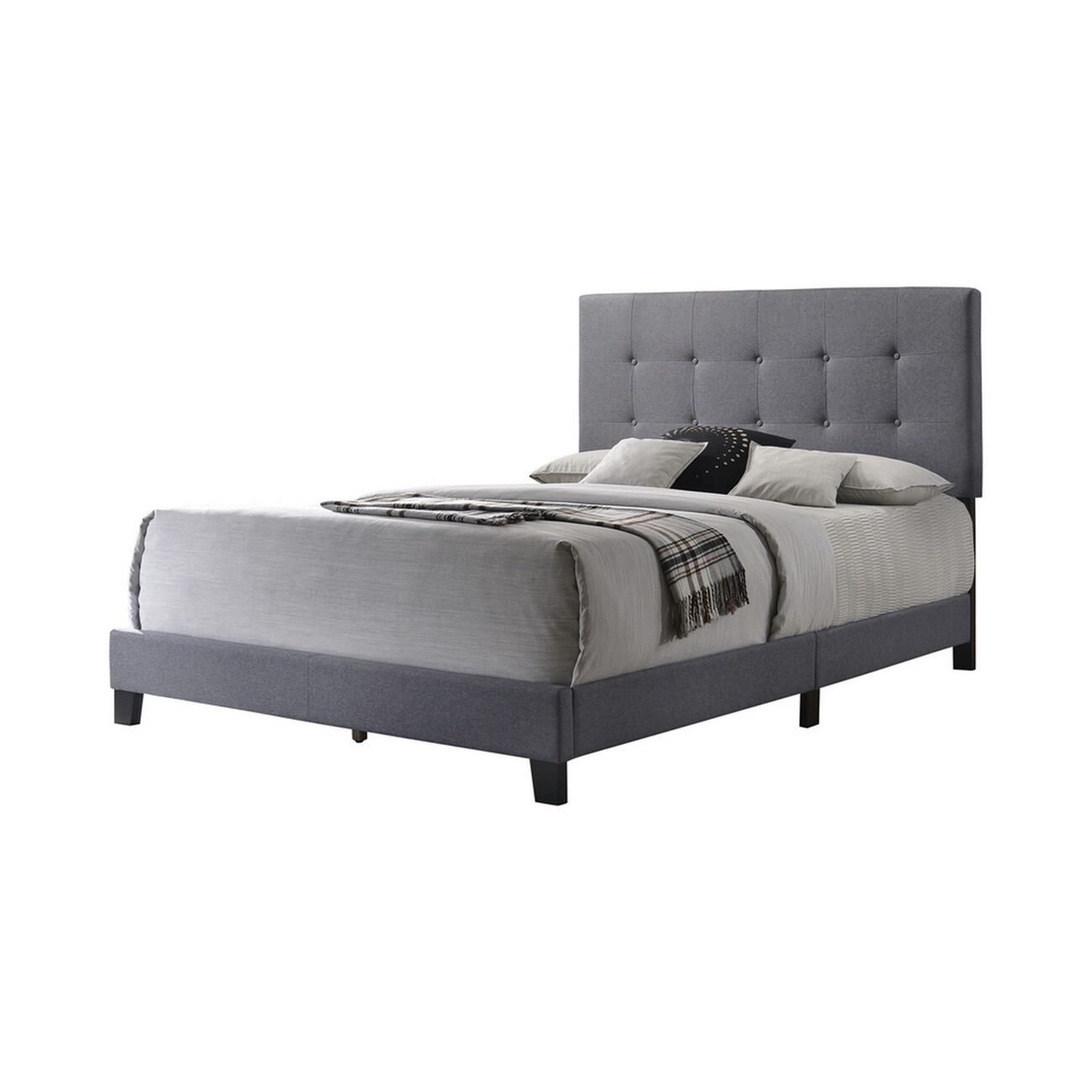 Eastern King Bed with Square Button Tufted Headboard and, Gray