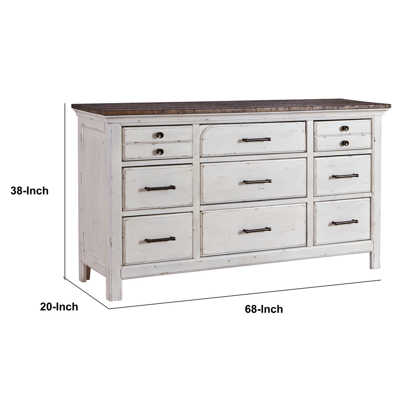 Wooden Dresser with Planked Top and Nine Drawers, White and Brown