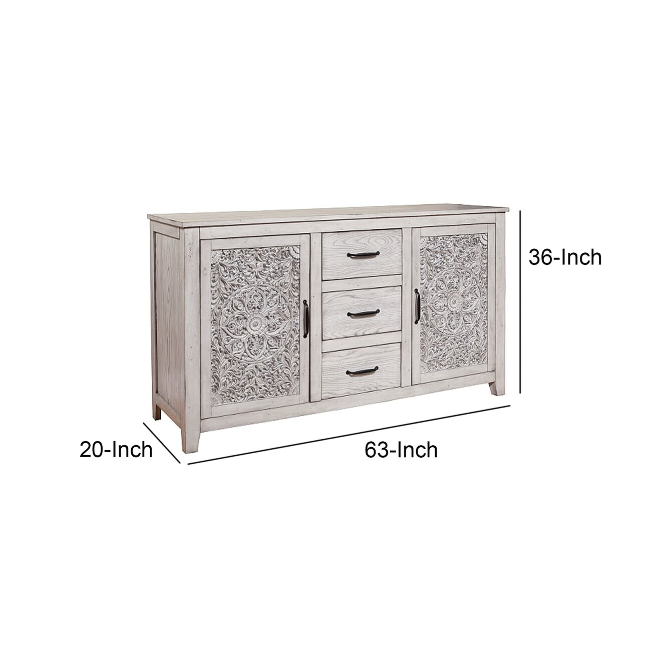 Wooden Dresser with 2 Polyresin Carved Cabinets and 3 Drawers, Gray