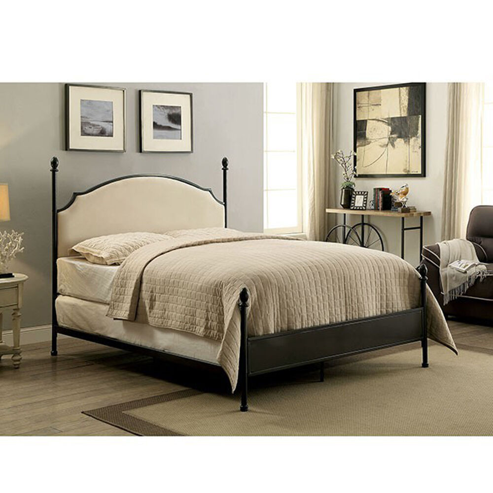 Metal Eastern King Bed with Padded Fabric, Black