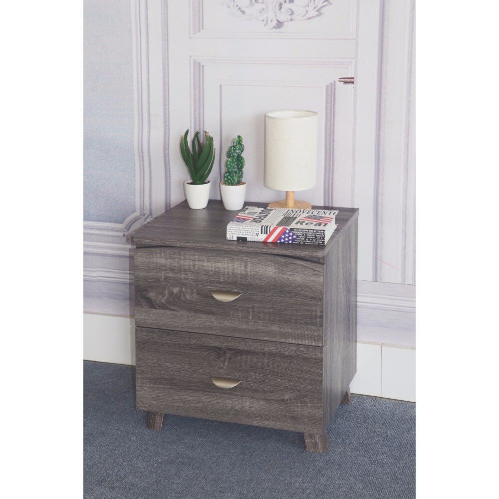 Contemporary Style Grey Finish Nightstand With 2 Drawers On Metal Glides.