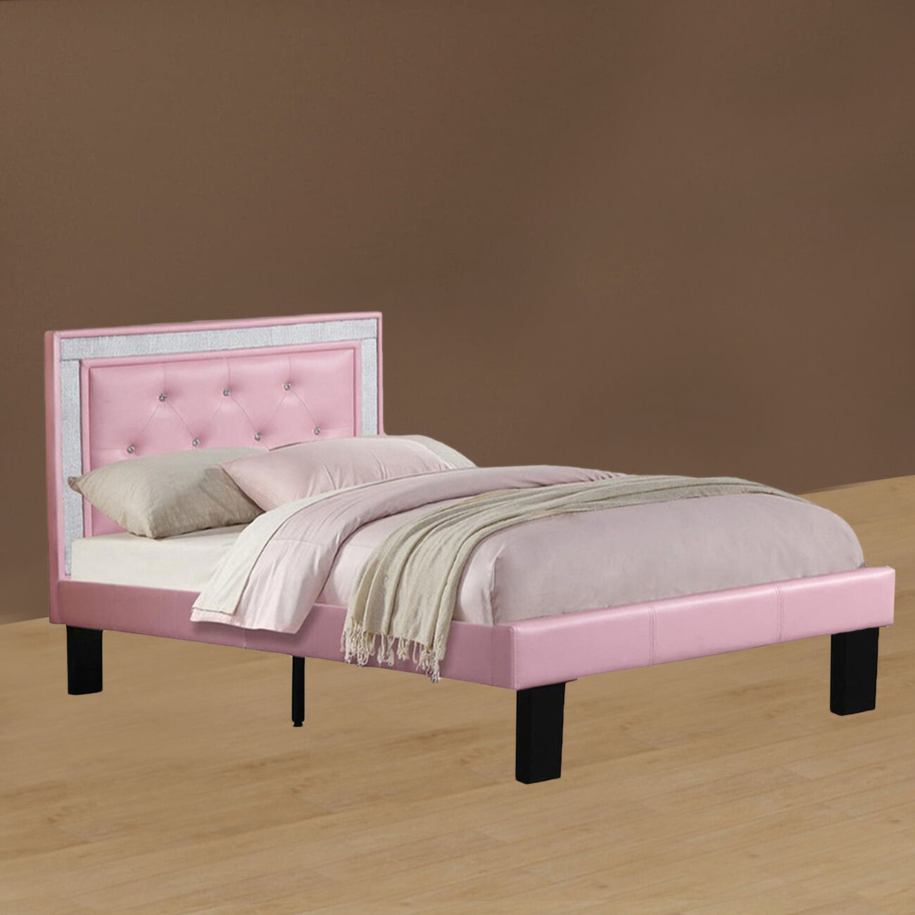 Wooden Full Bed With Pink PU Tufted Head Board, Pink Finish
