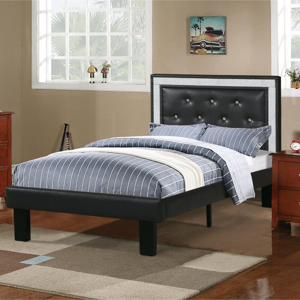 Wooden Full Bed With Ash-Black PU Tufted Head Board, Black Finish
