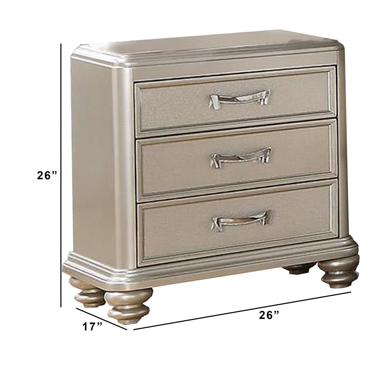 3- Drawer Wooden Night Stand With Bun feet  Silver