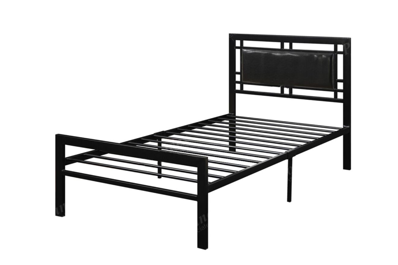 Metal Frame Twin Bed With Leather Upholstered Headboard, Black