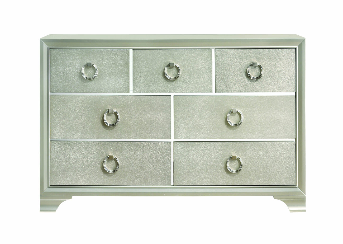 Seven Drawers Wooden Dresser with Oversized Ring Handles, Silver