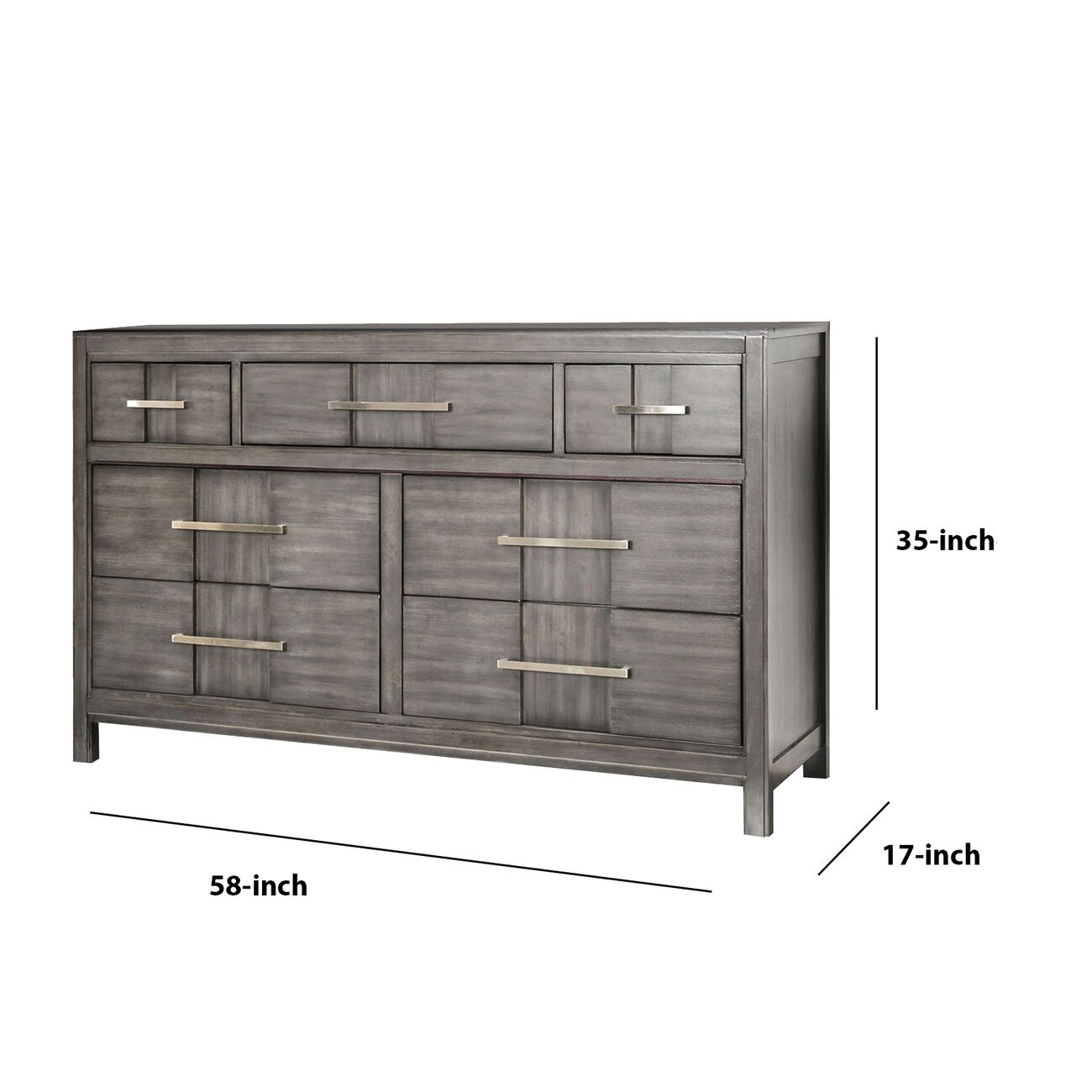Wooden Dresser with 7 Drawers and Metal Pull, Gray and Silver