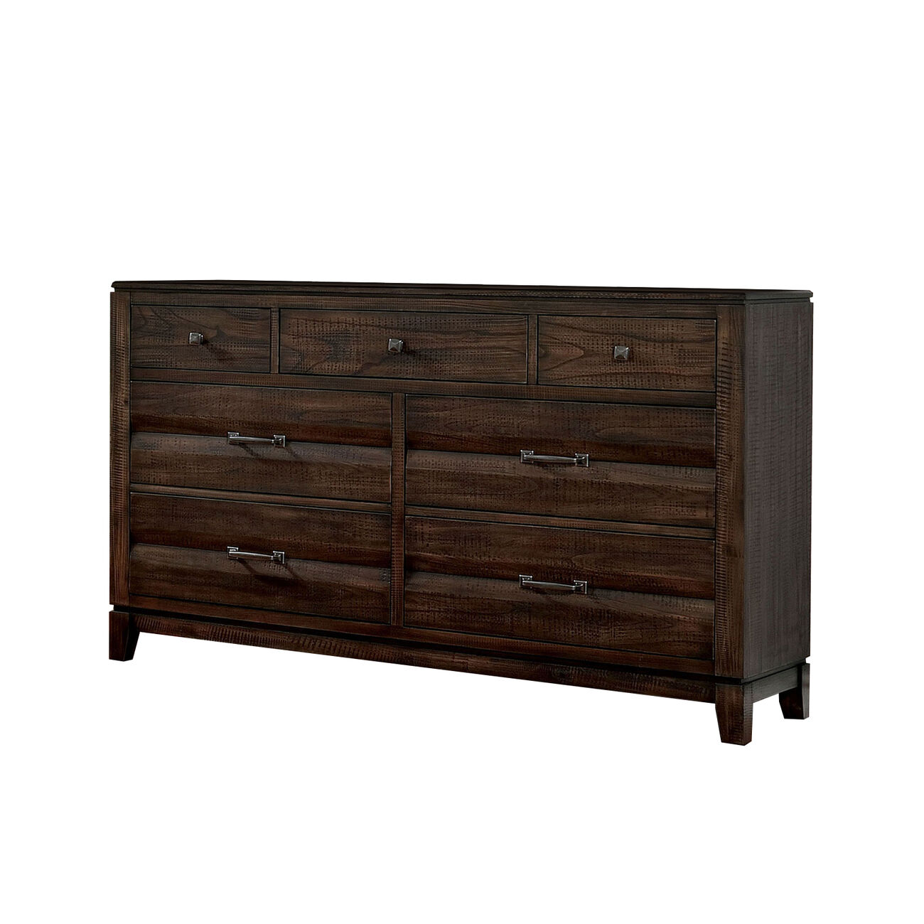 7 Drawer Wooden Dresser with Rough Hewn Texture detail, Brown