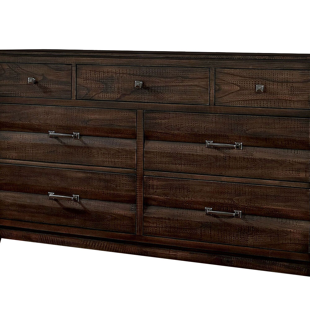 7 Drawer Wooden Dresser with Rough Hewn Texture detail, Brown