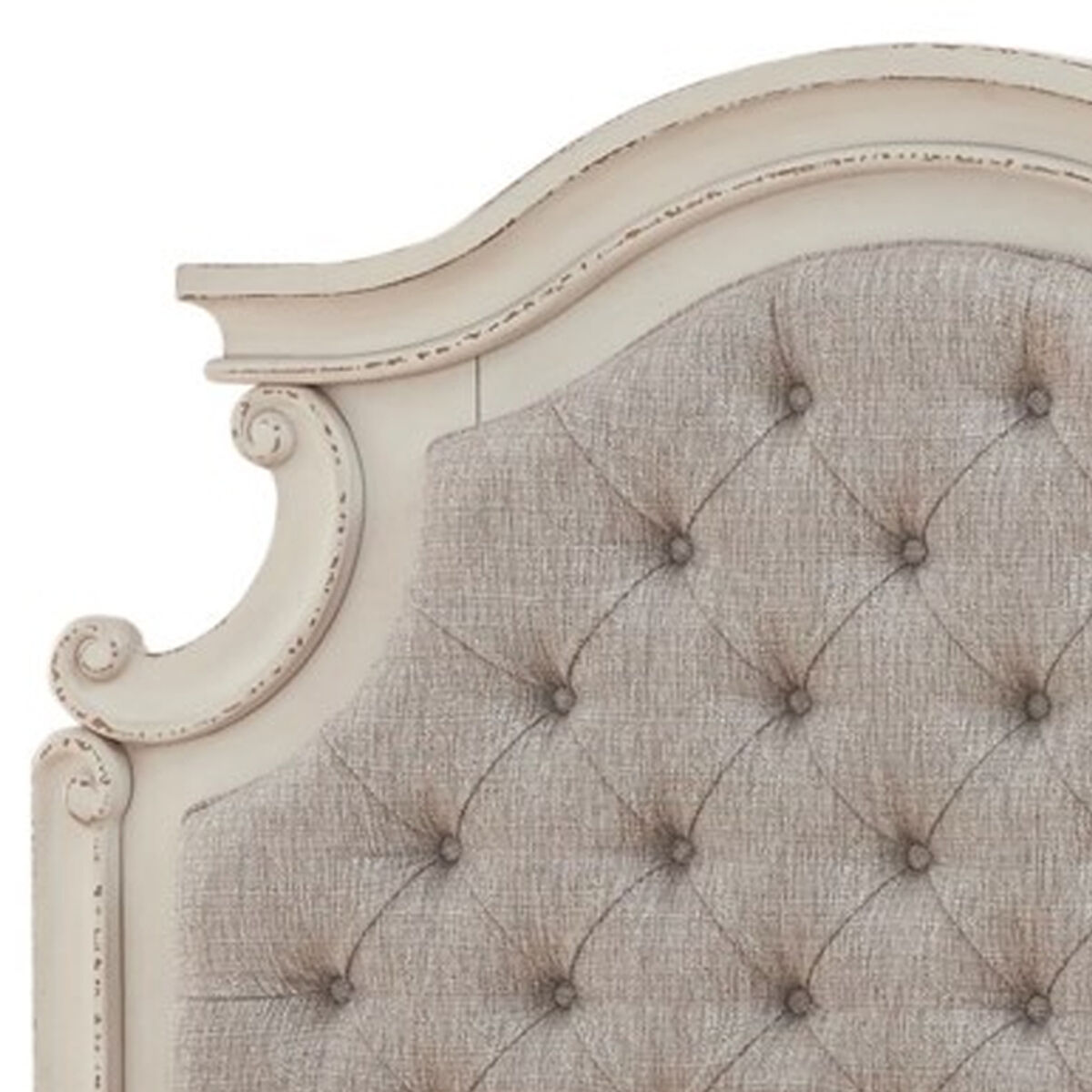Scalloped Fabric Upholstered Full Size Panel Headboard, Gray and Cream