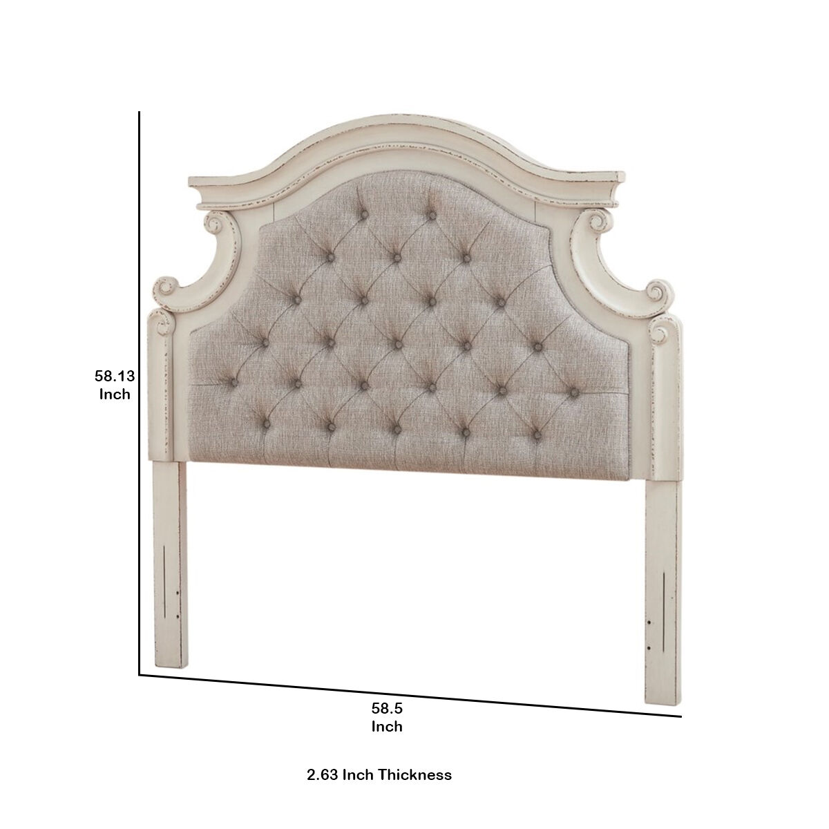 Scalloped Fabric Upholstered Full Size Panel Headboard, Gray and Cream