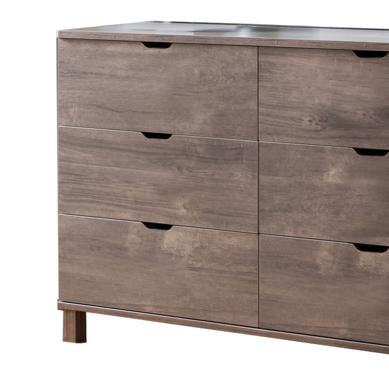 Wooden Frame Dresser with 6 Drawers and Cut Out Pulls, Hazelnut Brown