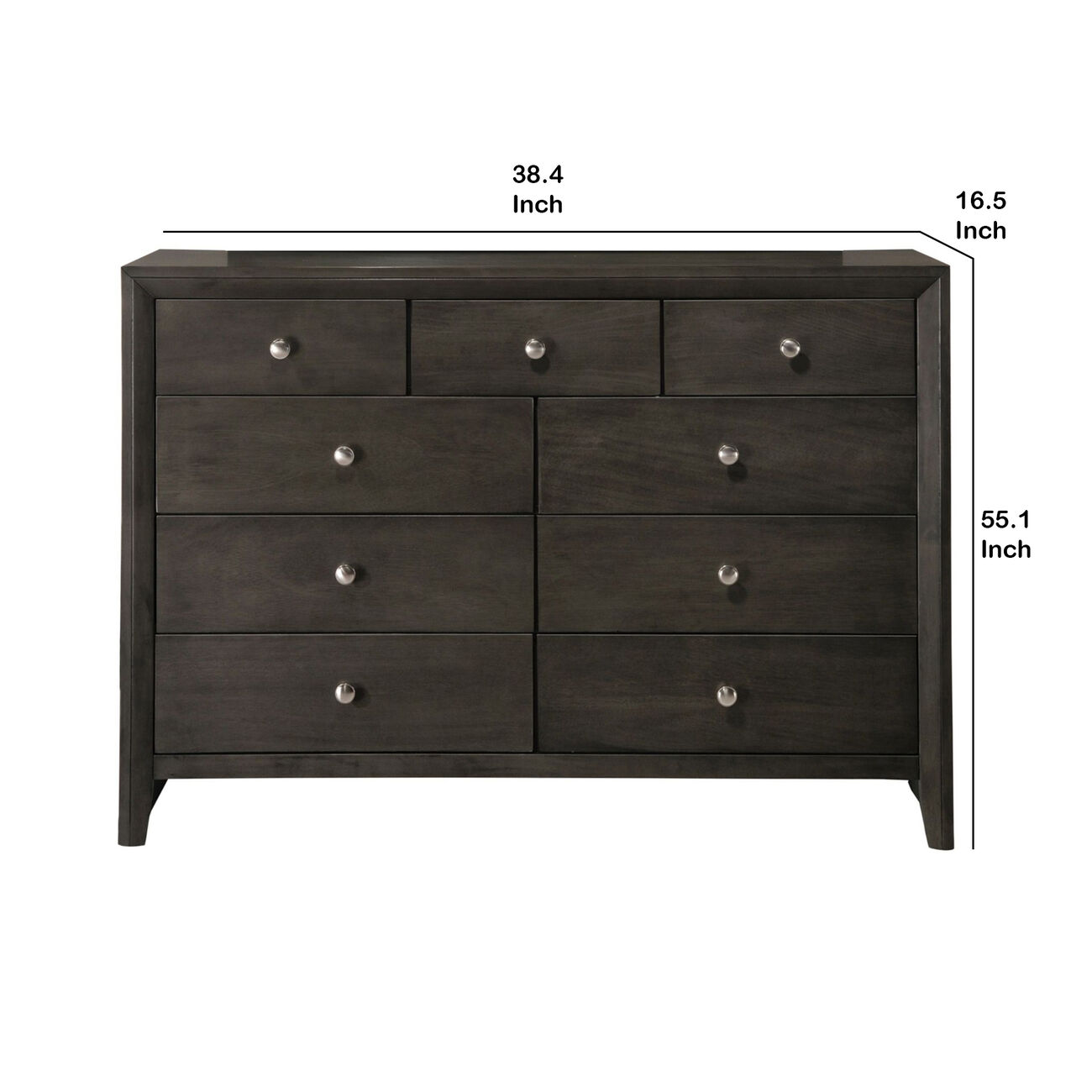 9 Drawer Dresser with Metal Knobs and Chamfered Feet, Gray