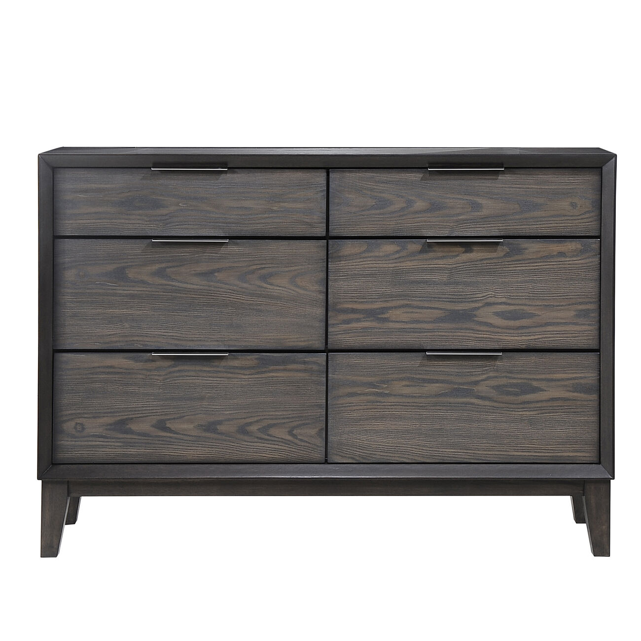 Wooden Six Drawer Dresser with Metal Pulls and Chamfered Legs, Gray