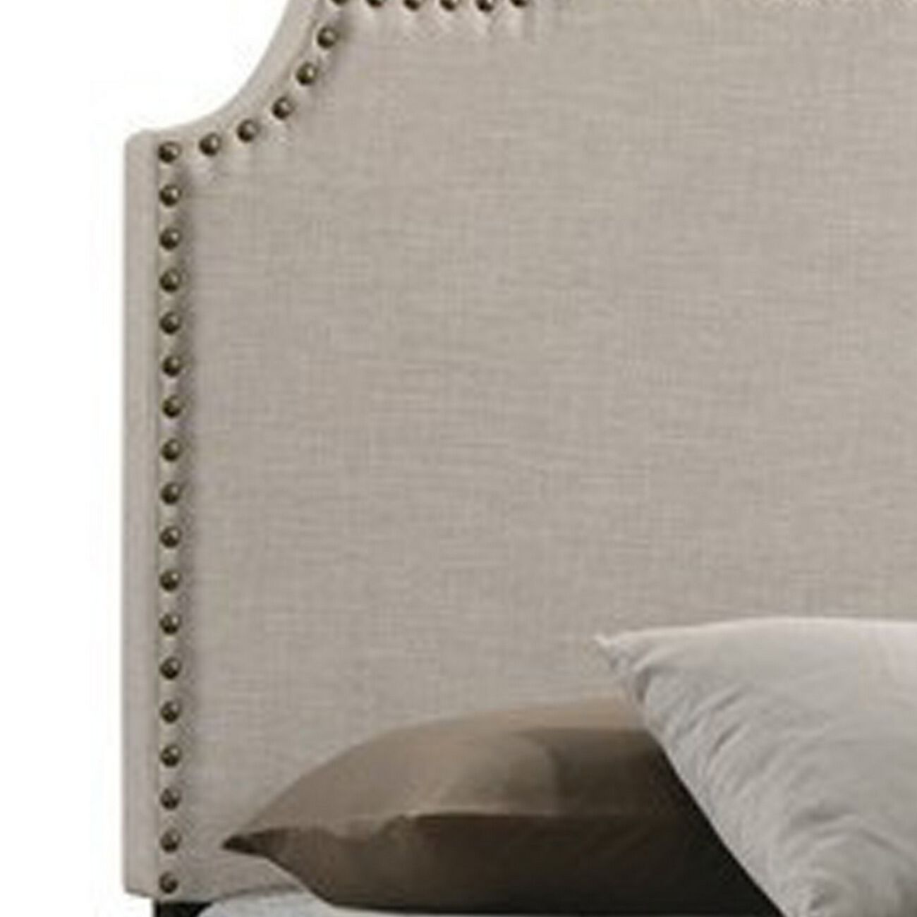Fabric Upholstered Wooden Queen Size Bed with Nailhead Trims, Beige