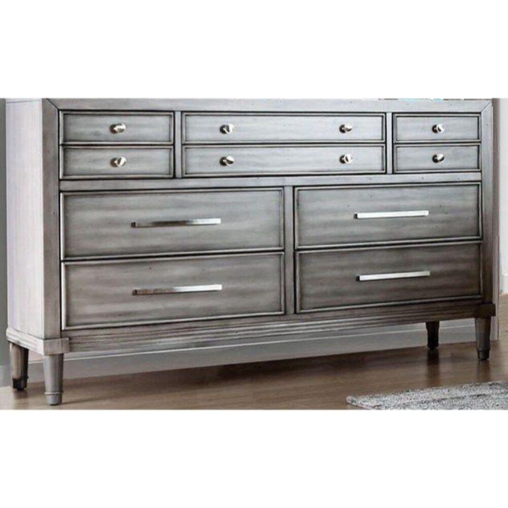 Spacious 8 Drawer Wooden Dresser with Metal Pulls, Gray and Silver