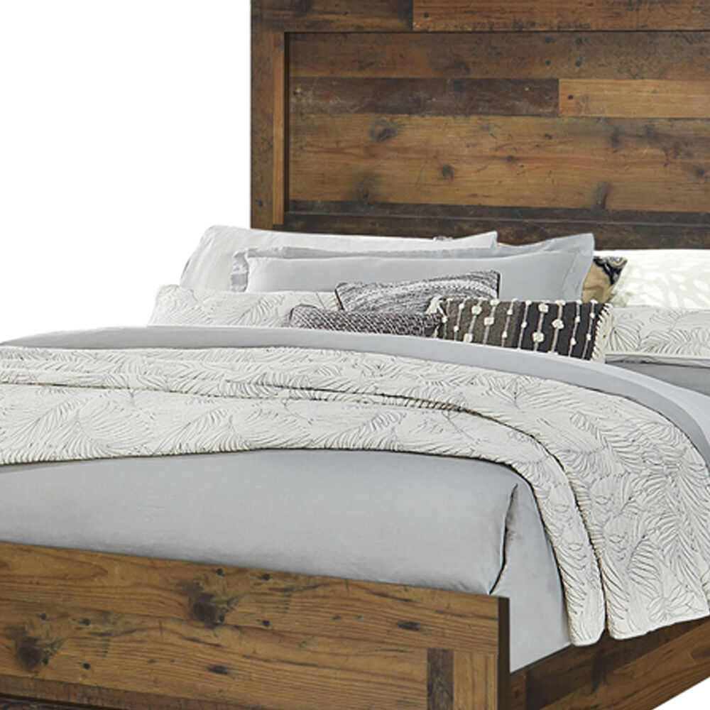 Contemporary Style Queen Size Bed with Rustic Details, Dark Brown