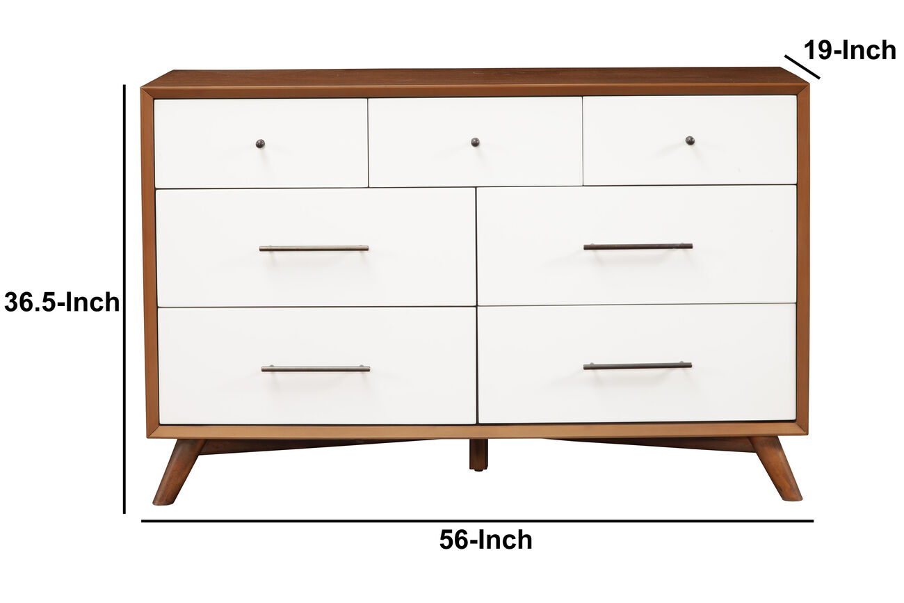 Stylish Wooden Dresser With Seven Drawers and Flared Legs, Brown and White