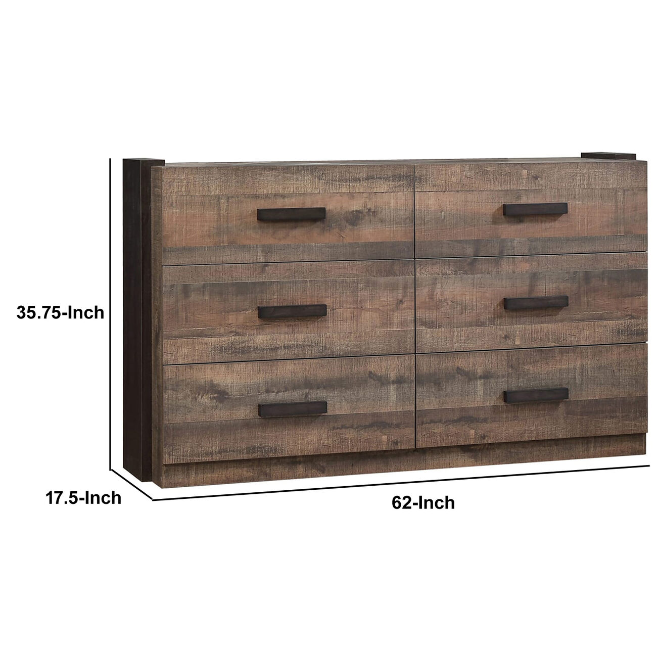 Transitional 6 Drawer Wooden Dresser with Rustic Finish, Brown