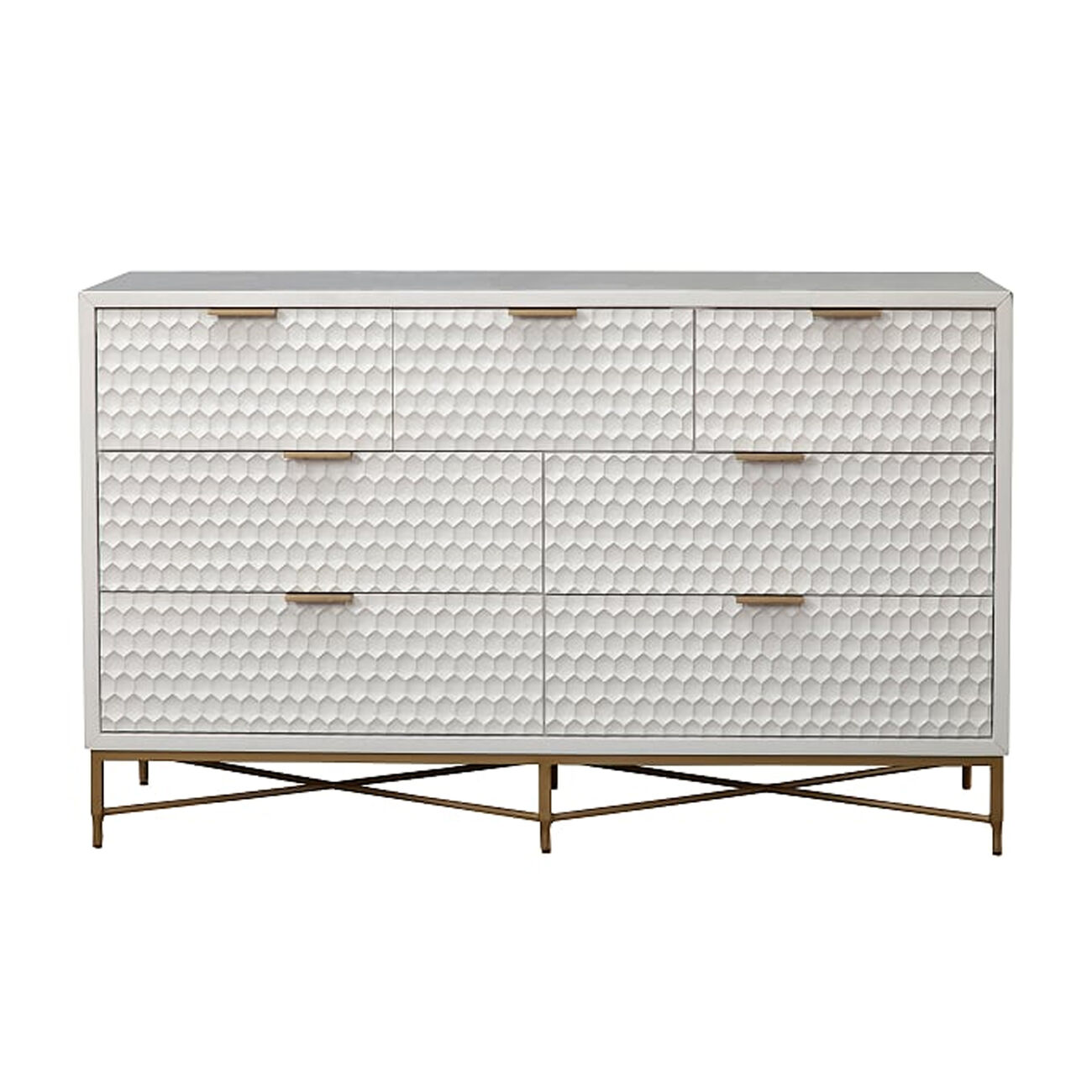 Honeycomb Design 7 Drawer Dresser with Metal Legs, White