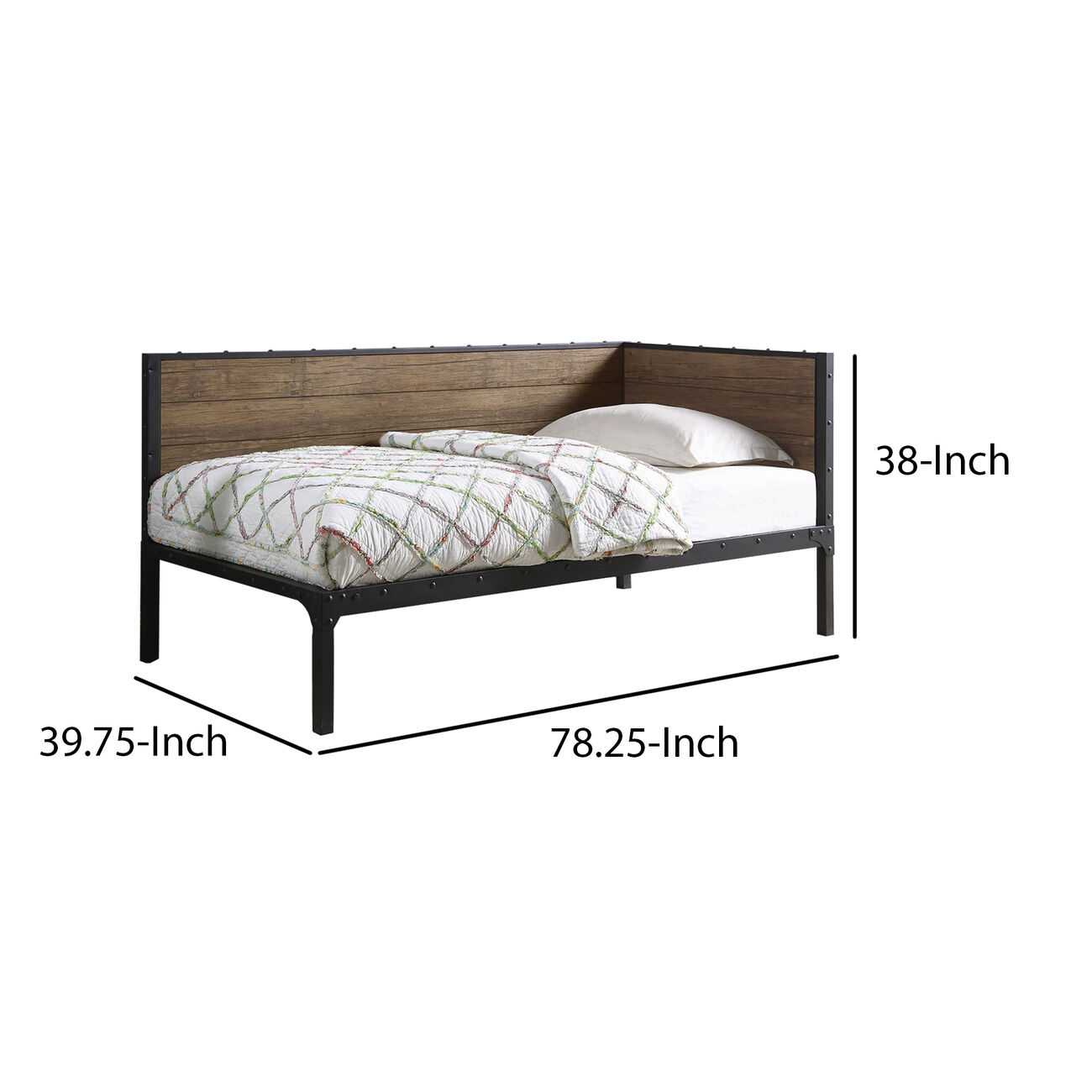 Industrial Metal Twin Size Daybed with Wooden Side Panels, Brown and Black