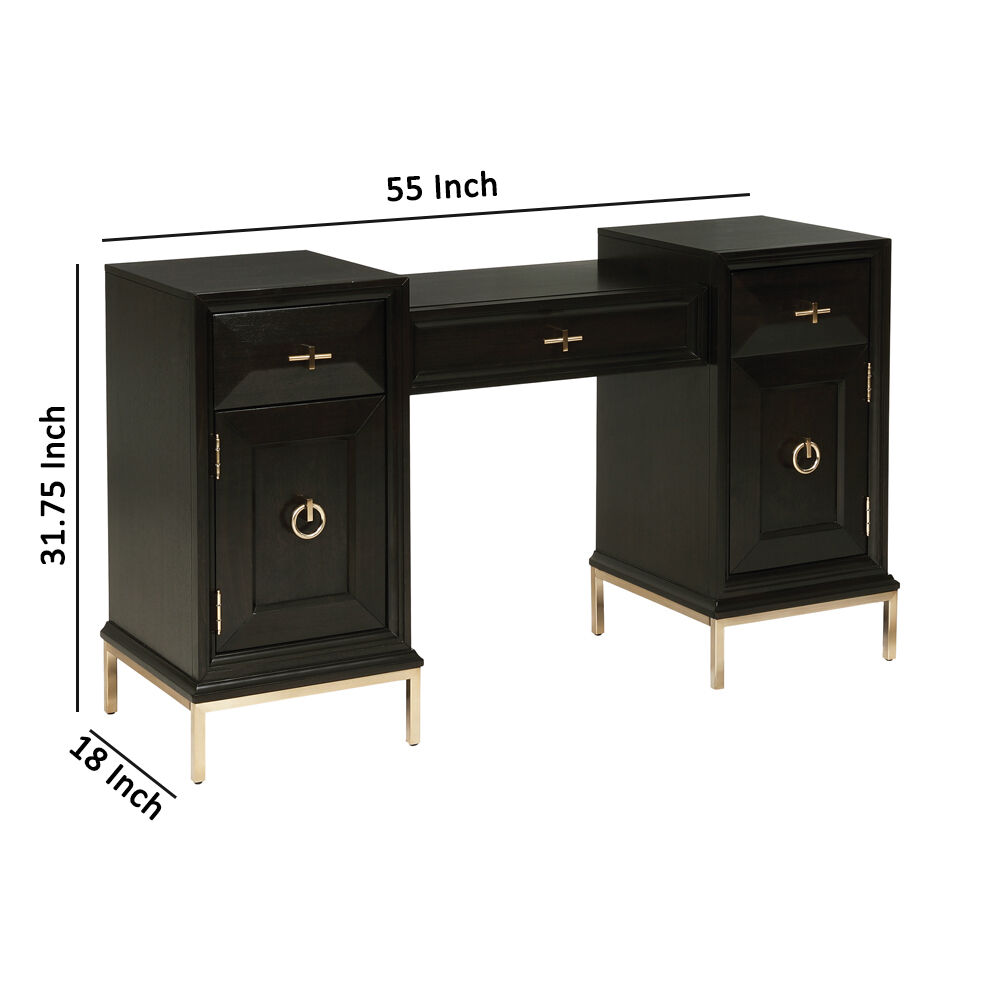 3 Drawers and 2 Doors Cabinet Vanity Desk with Ring Pulls, Dark Brown