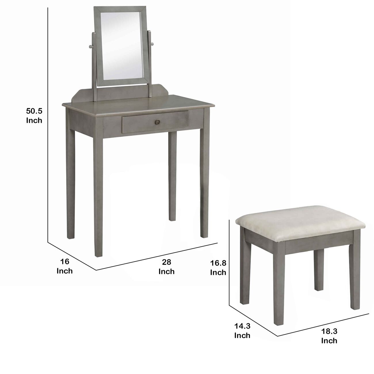 Wood and Fabric Vanity Set with Tilting Vertical Mirror, Gray and Beige