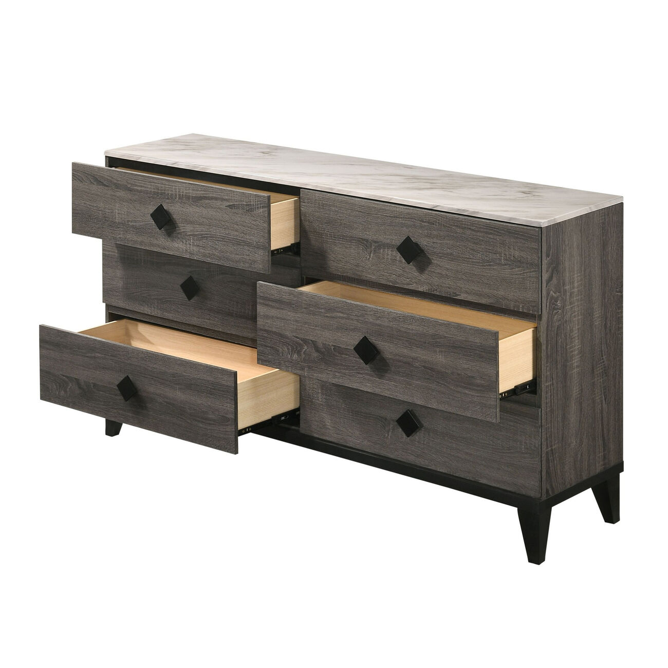 6 Drawer Wooden Dresser with Diamond Metal Knobs, Gray and Black