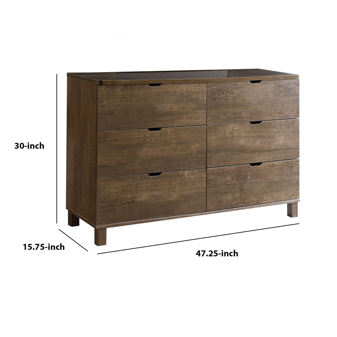 Grained Wooden Frame Dresser with Cut Out Pull Handle, Walnut Brown