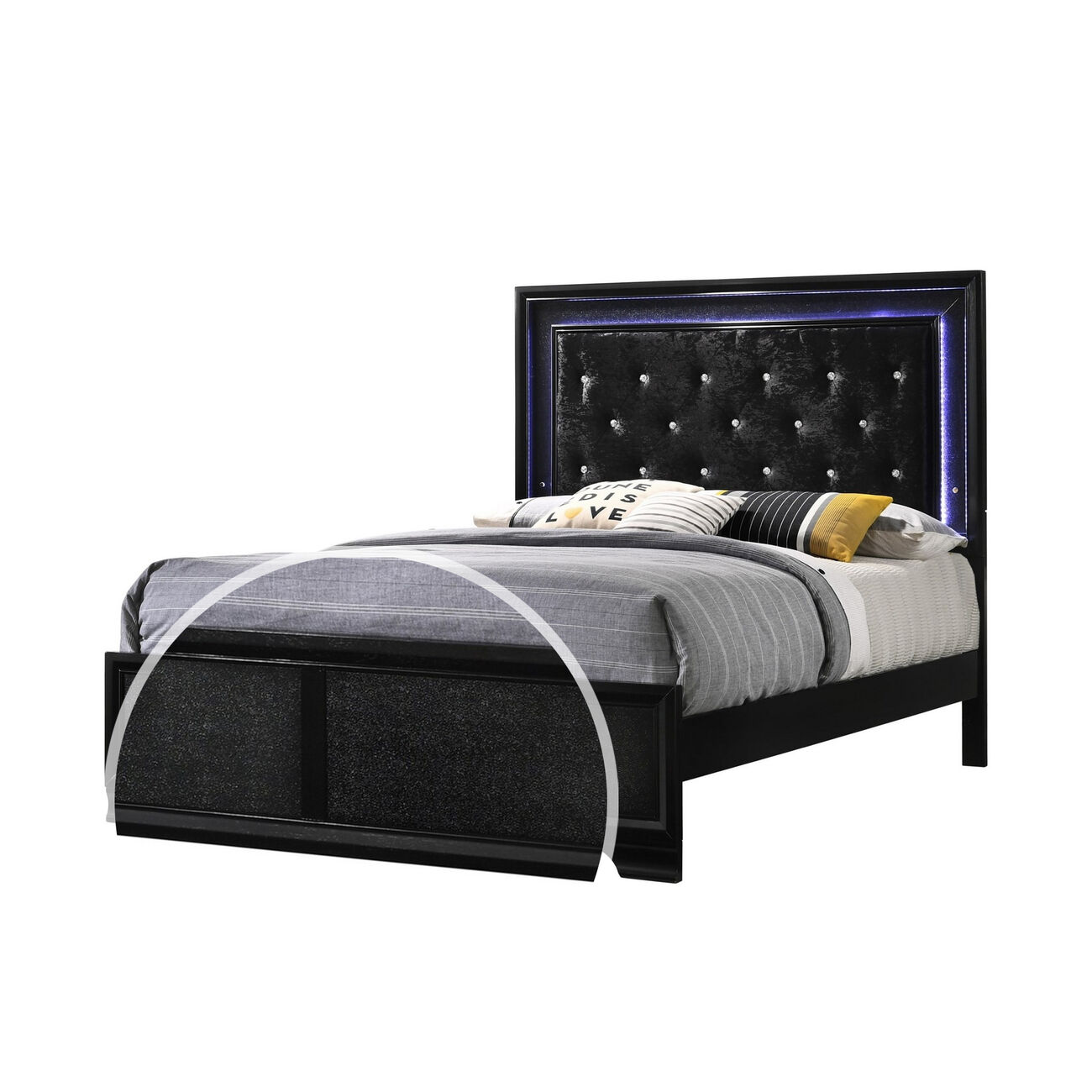 LED Trim Twin Size Fabric Padded Headboard with Low Footboard, Black