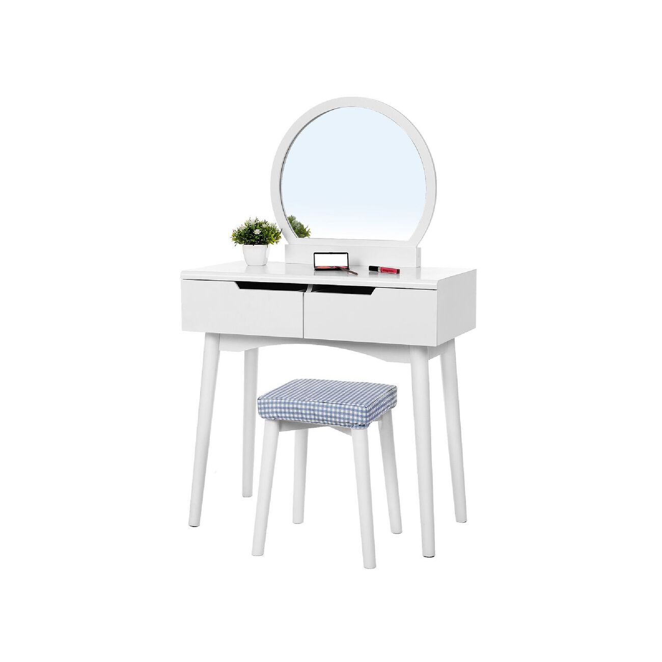 Wooden Frame Vanity Set with Padded Stool and Round Mirror, White