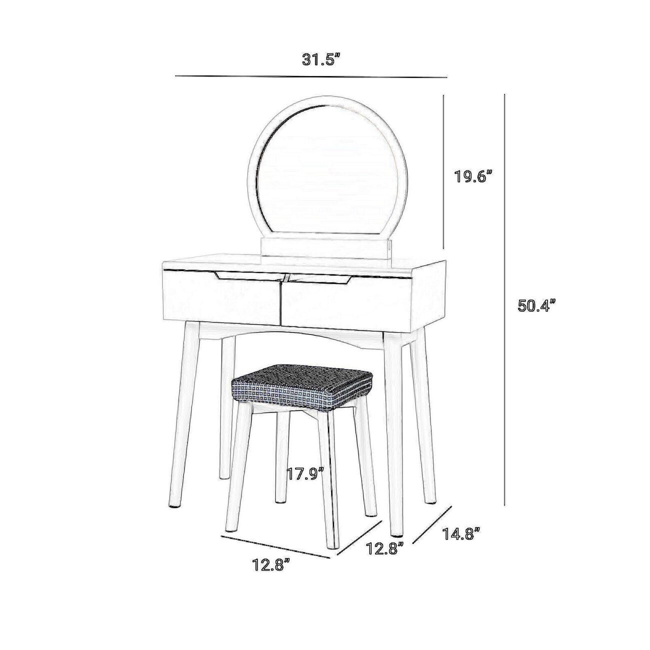 Wooden Frame Vanity Set with Padded Stool and Round Mirror, White