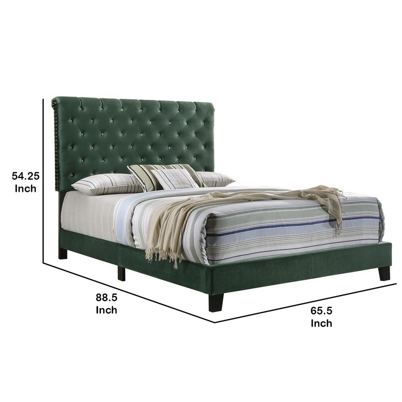 Fabric Upholstered Queen Size Bed with Scroll Headboard Design, Green
