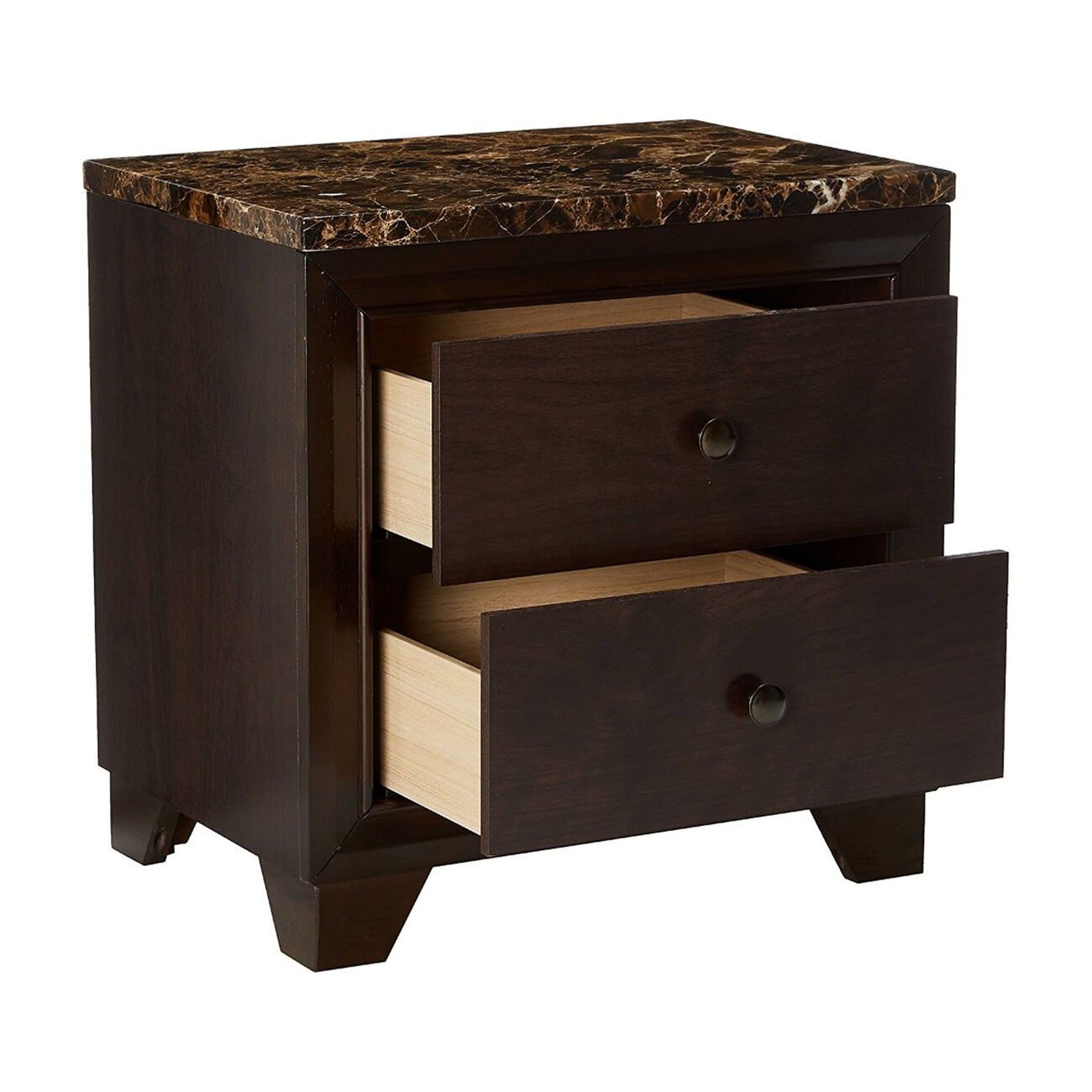 2 Drawer Wooden Nightstand with Faux Marble Top, Cappuccino Brown