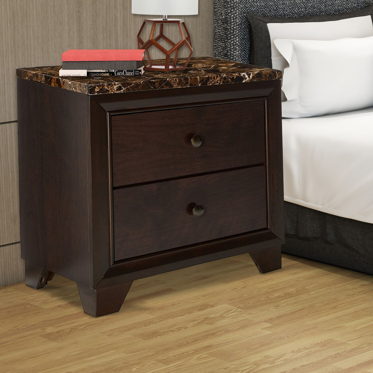 2 Drawer Wooden Nightstand with Faux Marble Top, Cappuccino Brown