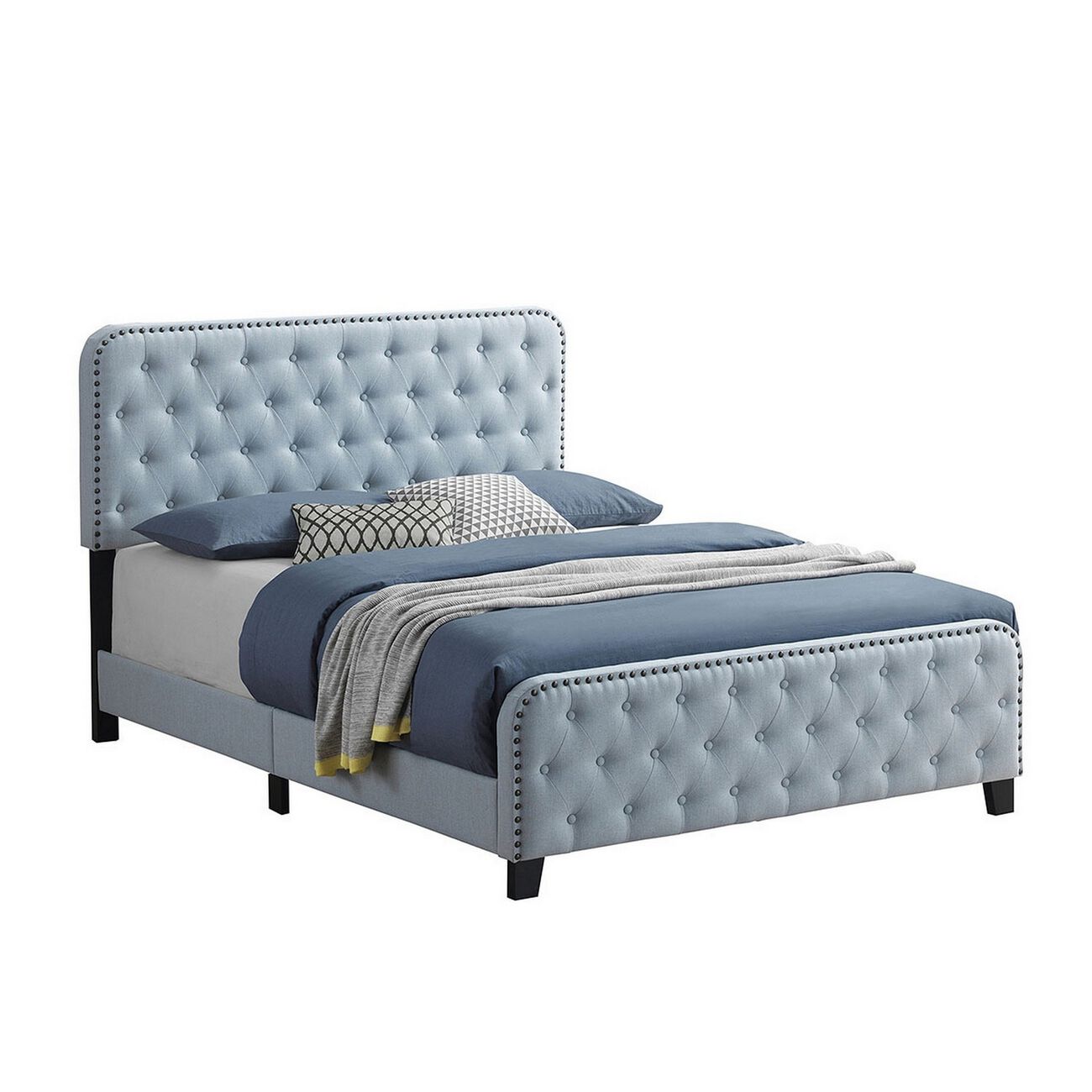 Fabric Upholstered Tufted Full Bed with Nailhead Trim, Blue