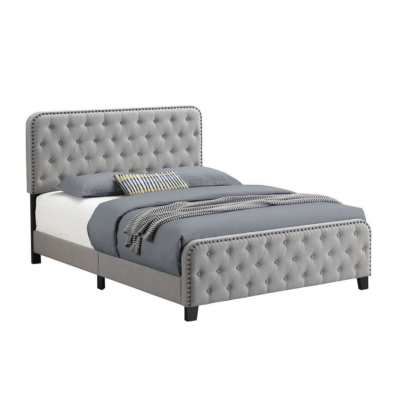 Fabric Upholstered Tufted Full Bed with Nailhead Trim, Gray