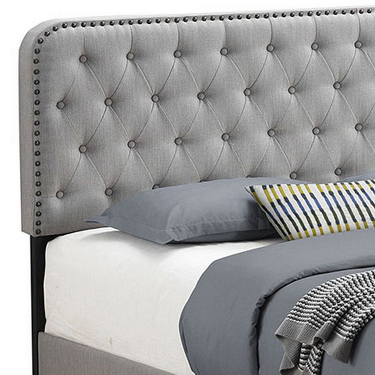 Fabric Upholstered Tufted Full Bed with Nailhead Trim, Gray