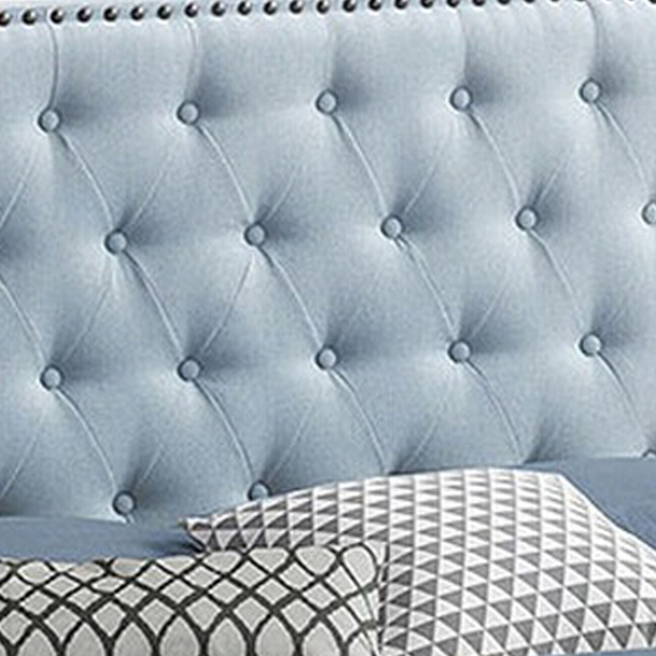 Fabric Upholstered Tufted Queen Bed with Nailhead Trim, Blue