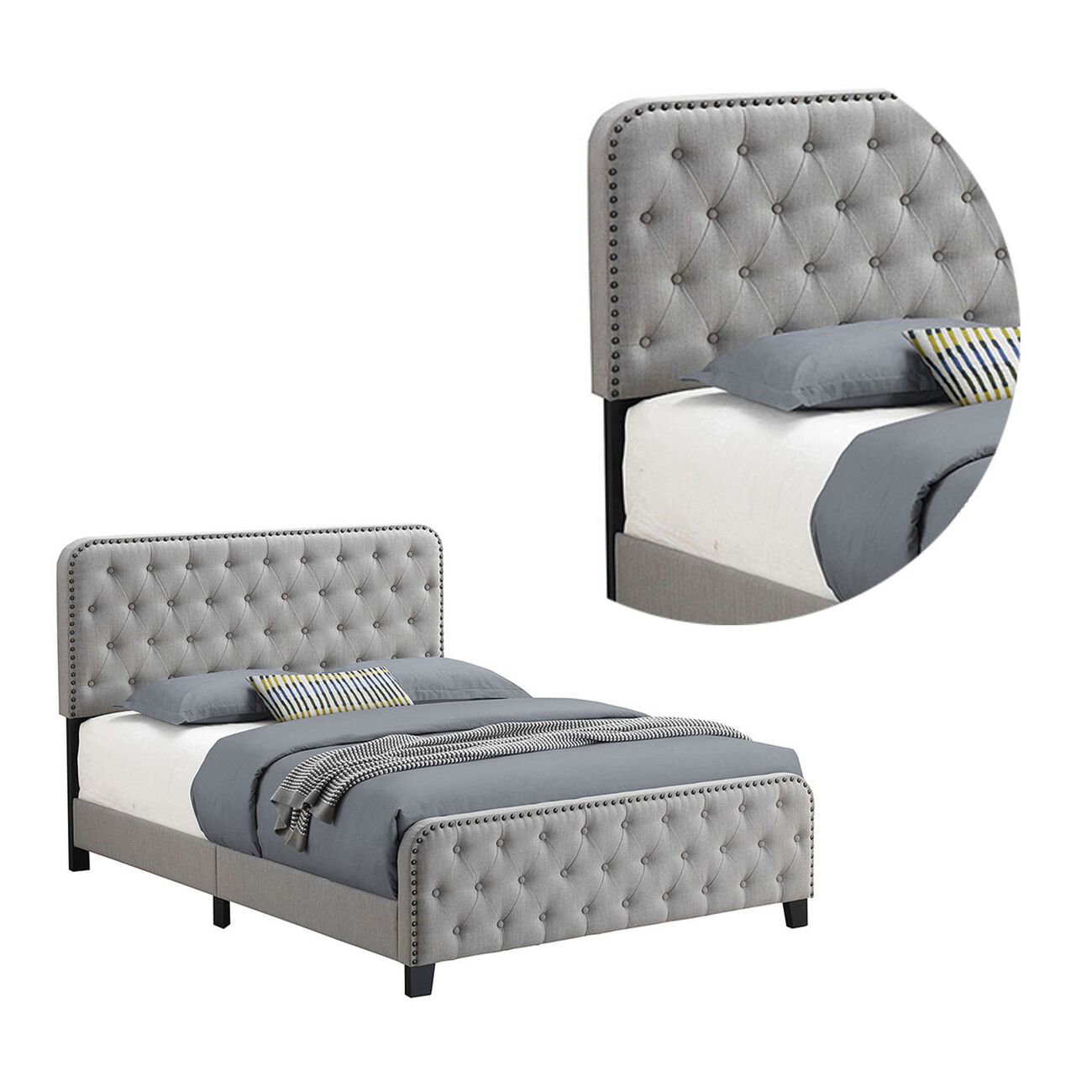 Tufted Queen Fabric Bed with Nailhead Trim, Gray