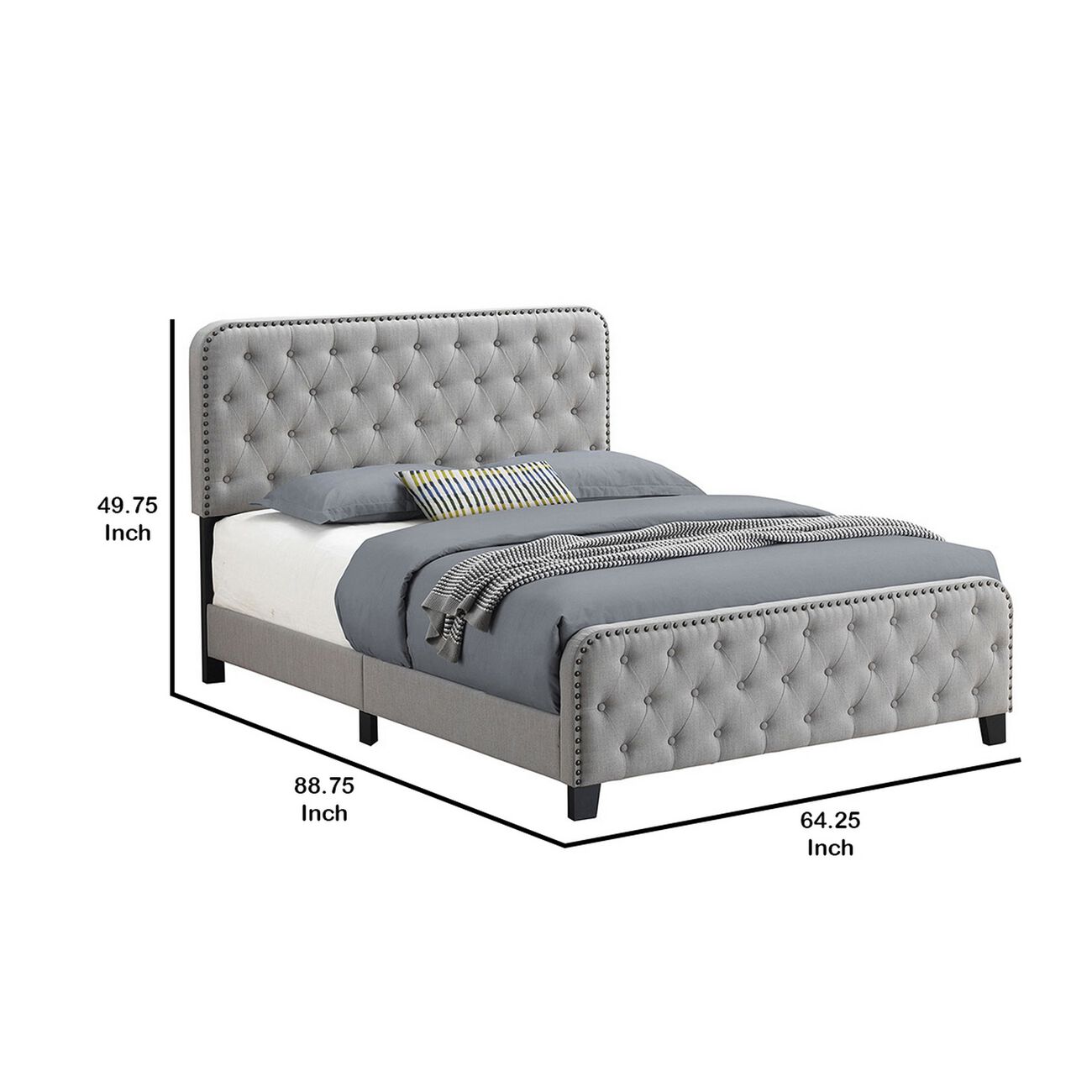 Tufted Queen Fabric Bed with Nailhead Trim, Gray