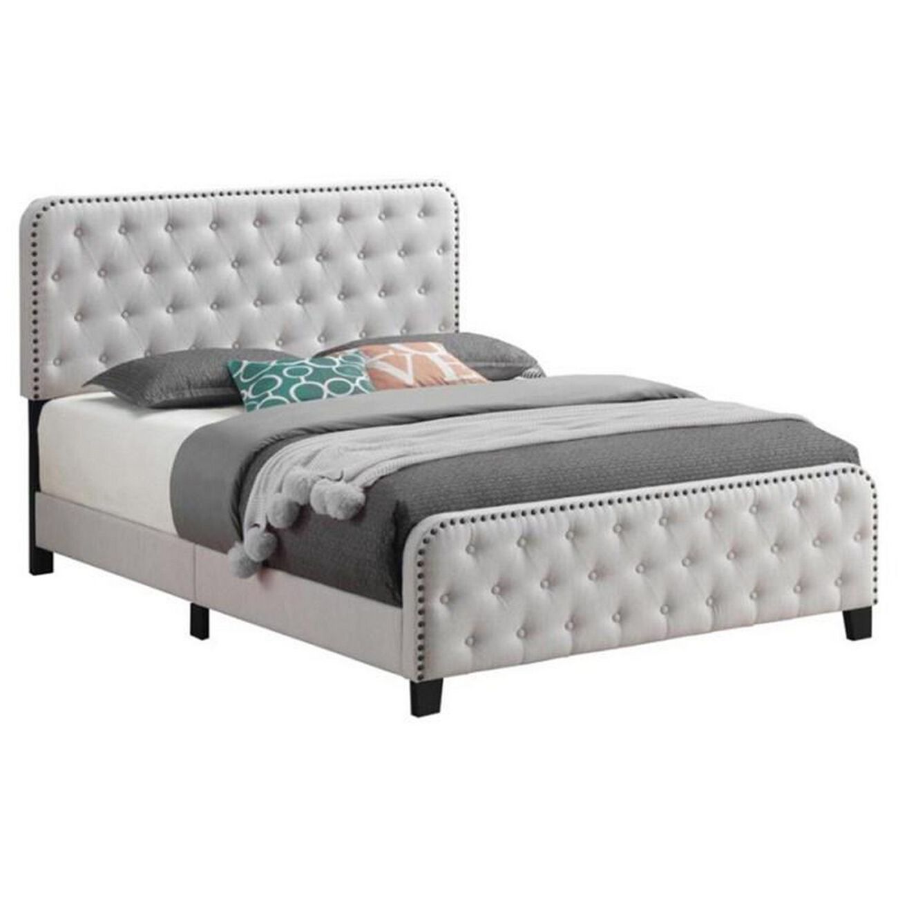 Tufted Queen Fabric Bed with Nailhead Trim, Beige