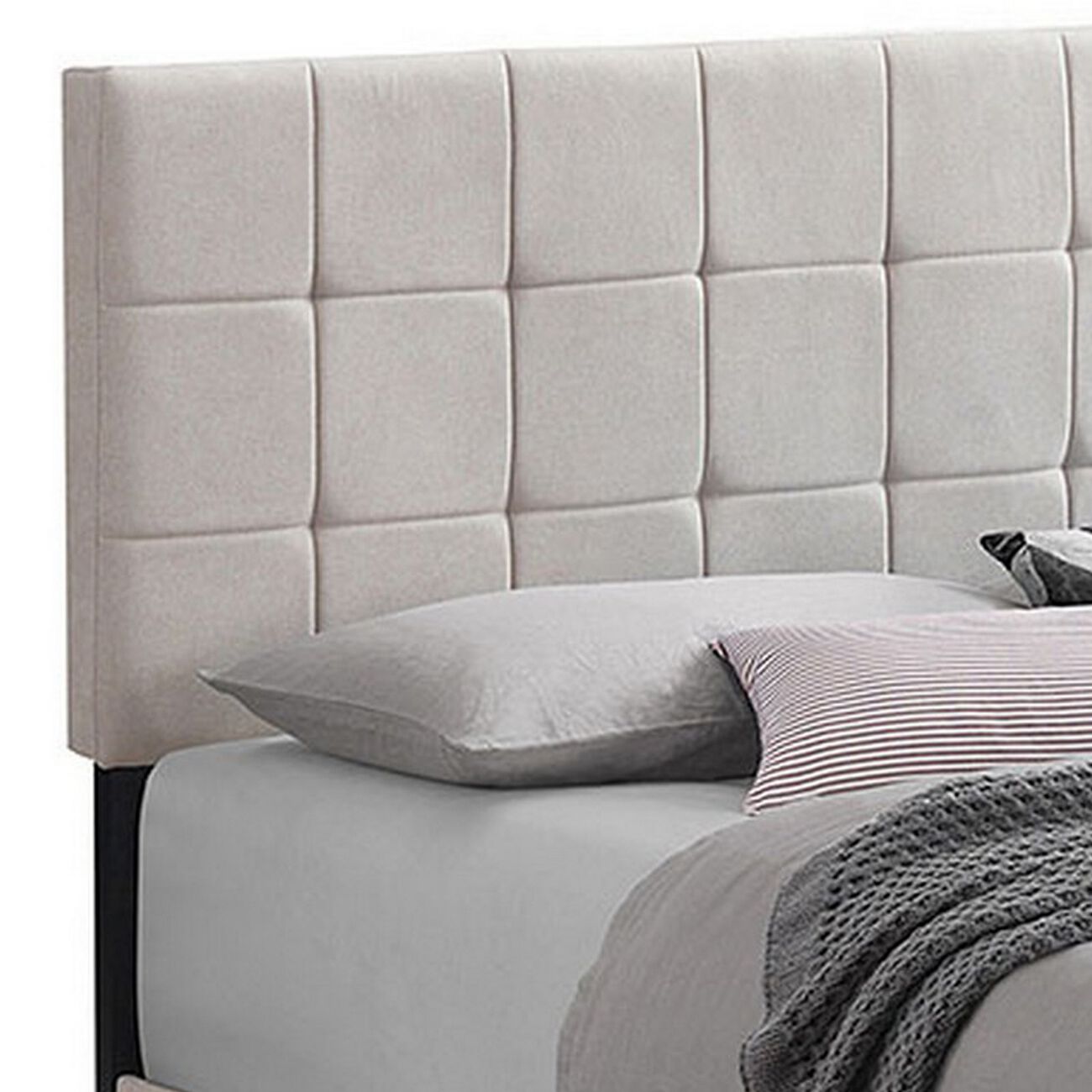 Grid Tufted Fabric Upholstered Queen Bed, Beige
