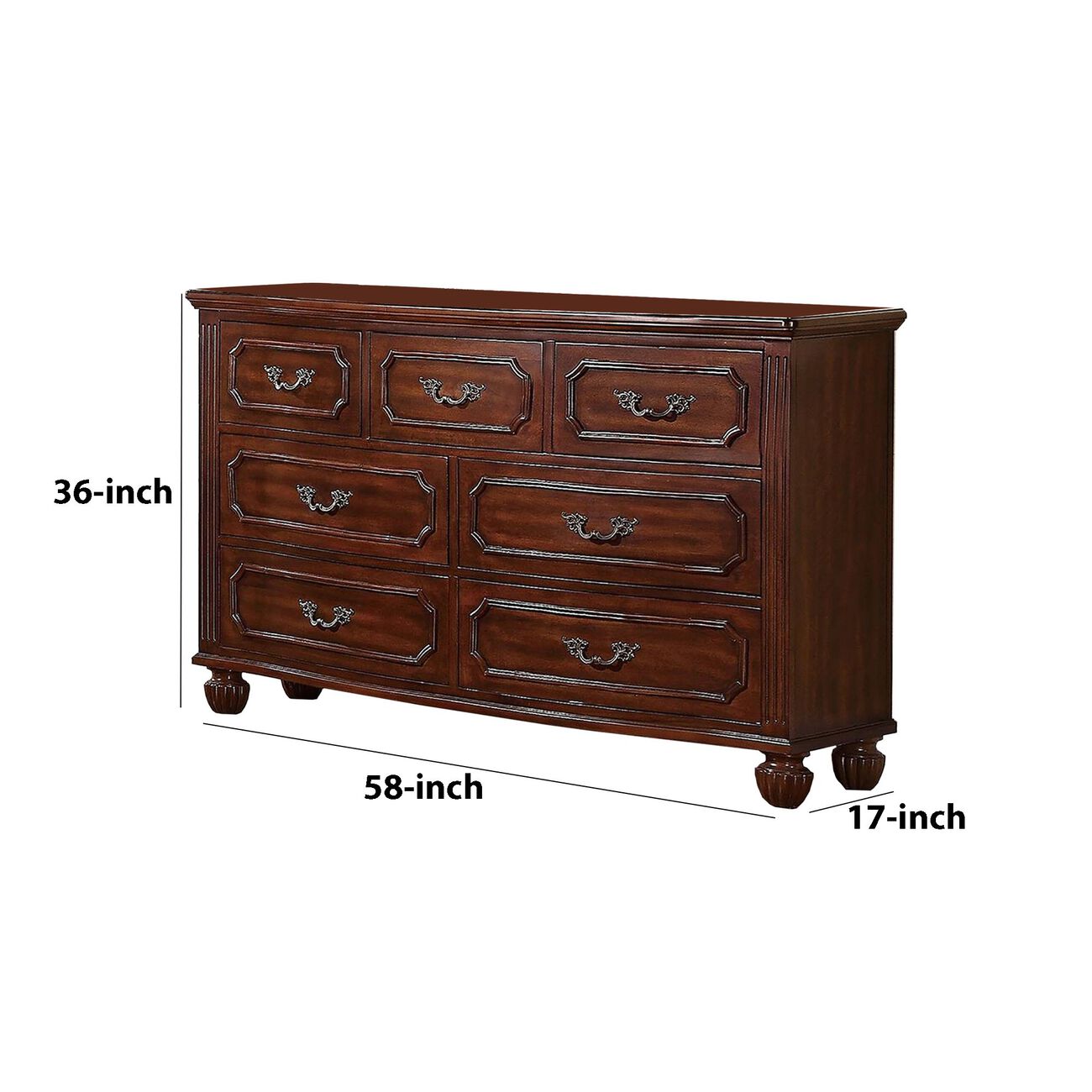 58 Inches 7 Drawer Engraved Wooden Dresser, Brown